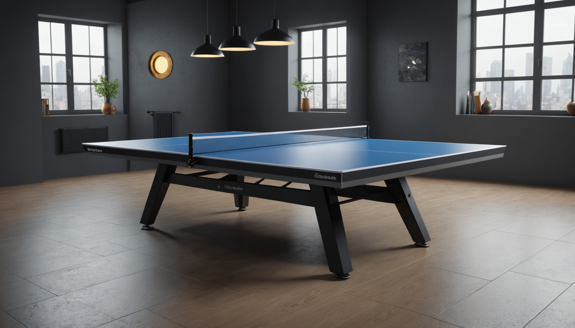 Elegant table tennis table showcased in a modern, minimalist setting with warm lighting, symbolizing quality craftsmanship and dynamic athletic energy.